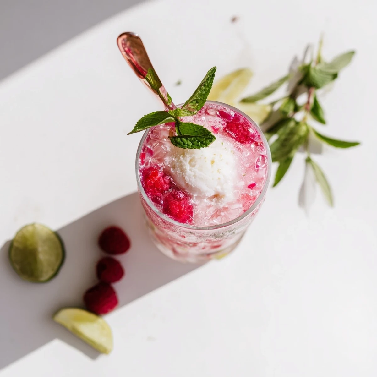 Raspberry Mint Mojito Rebel Float featuring muddled berries and creamy vanilla ice cream in tall glasses