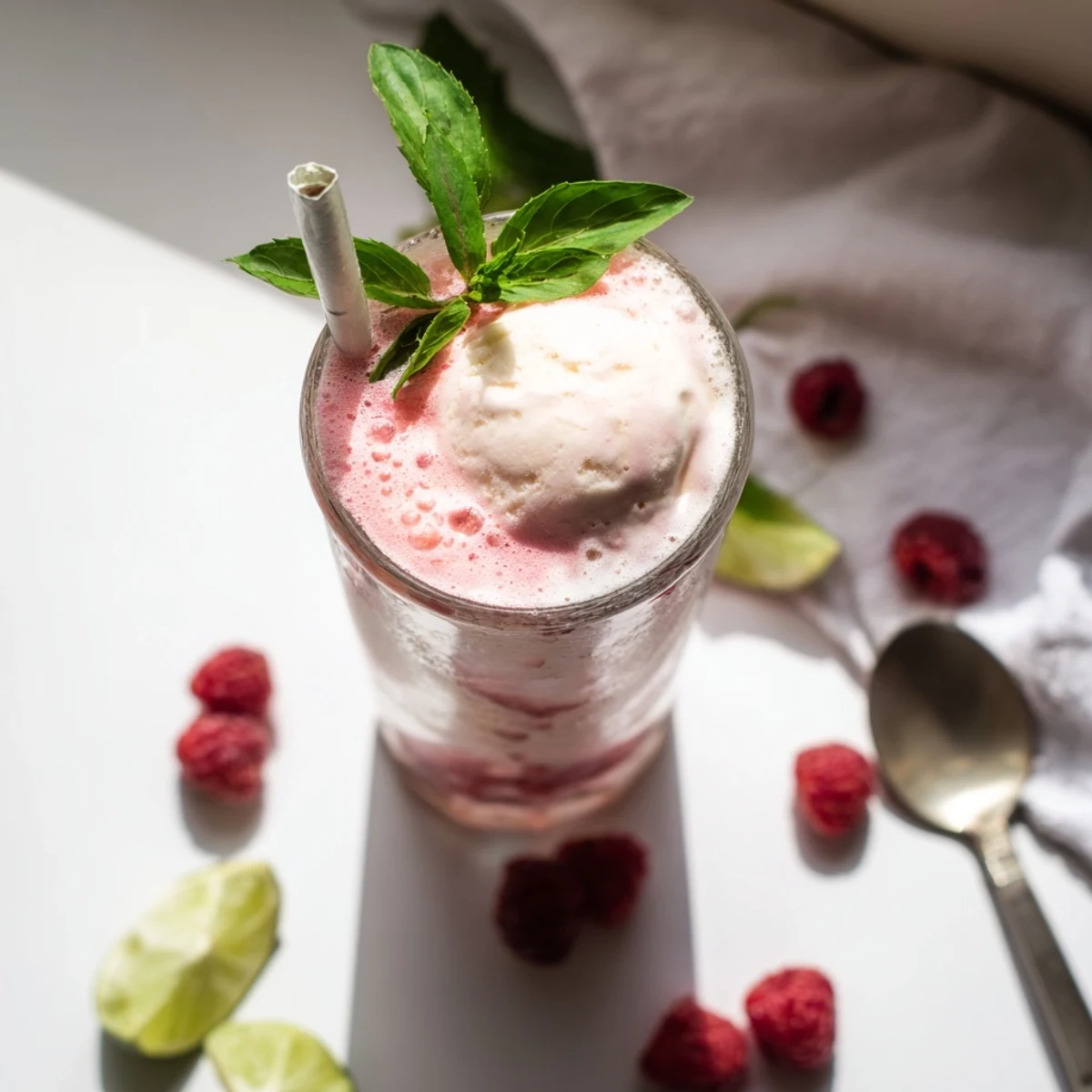 Tall glass of Raspberry Mint Mojito Rebel Float topped with fresh mint sprigs and bright red raspberries