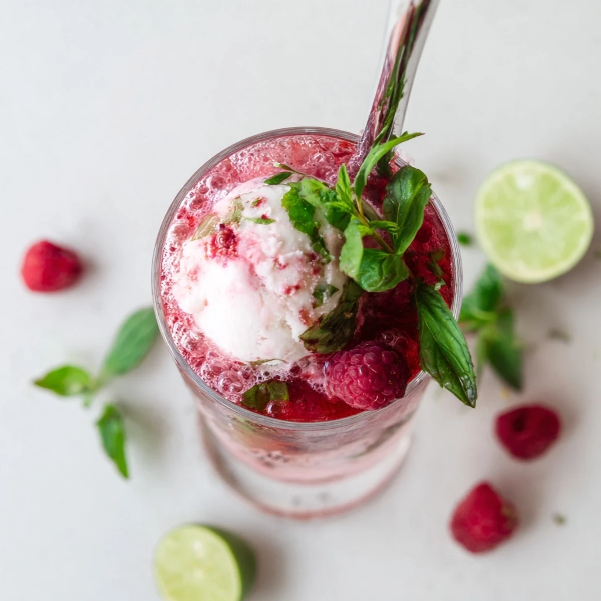 Creamy vanilla ice cream melting into Raspberry Mint Mojito Rebel Float with sparkling soda and lime wedges