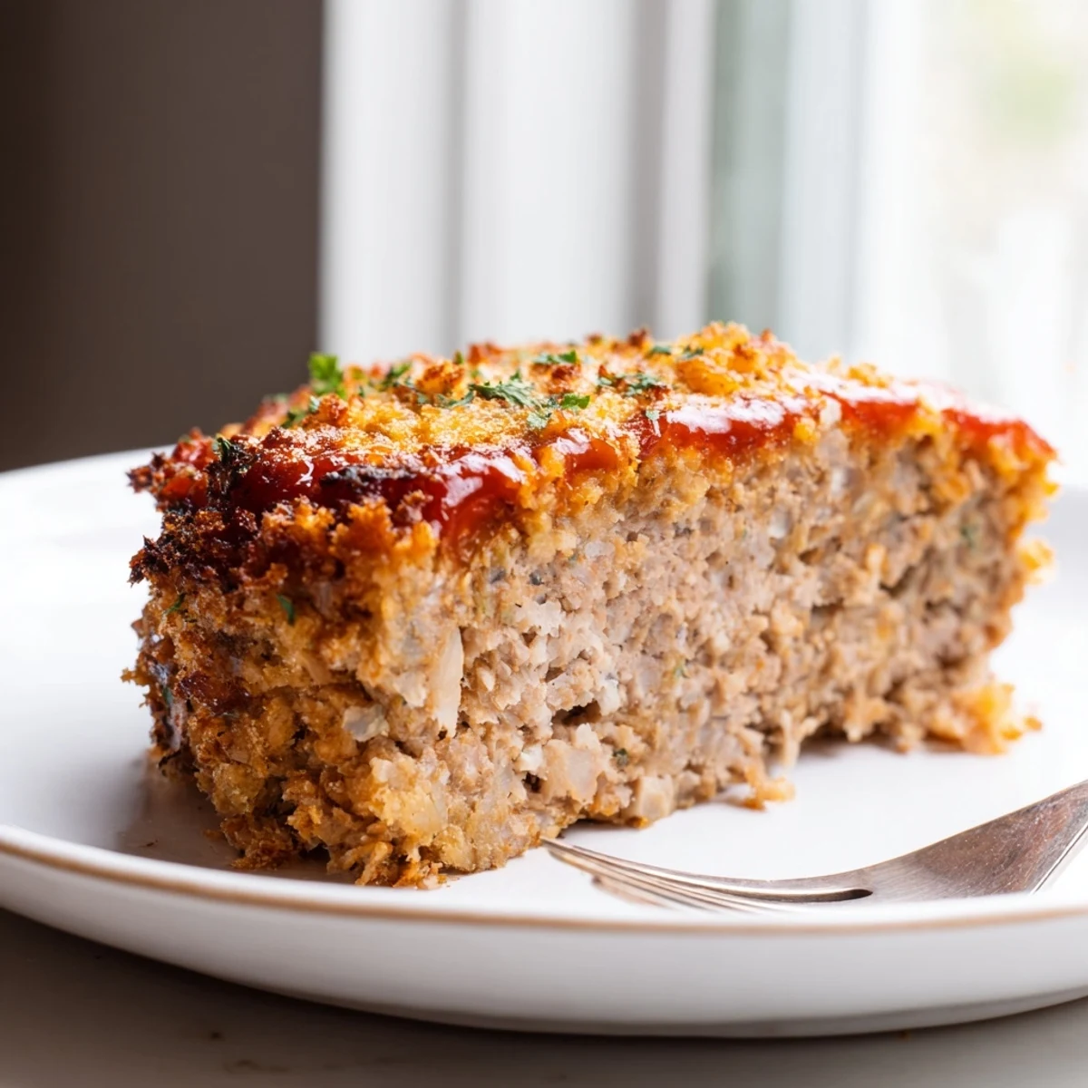 Golden Parmesan crusted turkey meatloaf sliced on a white serving platter with fresh parsley garnish