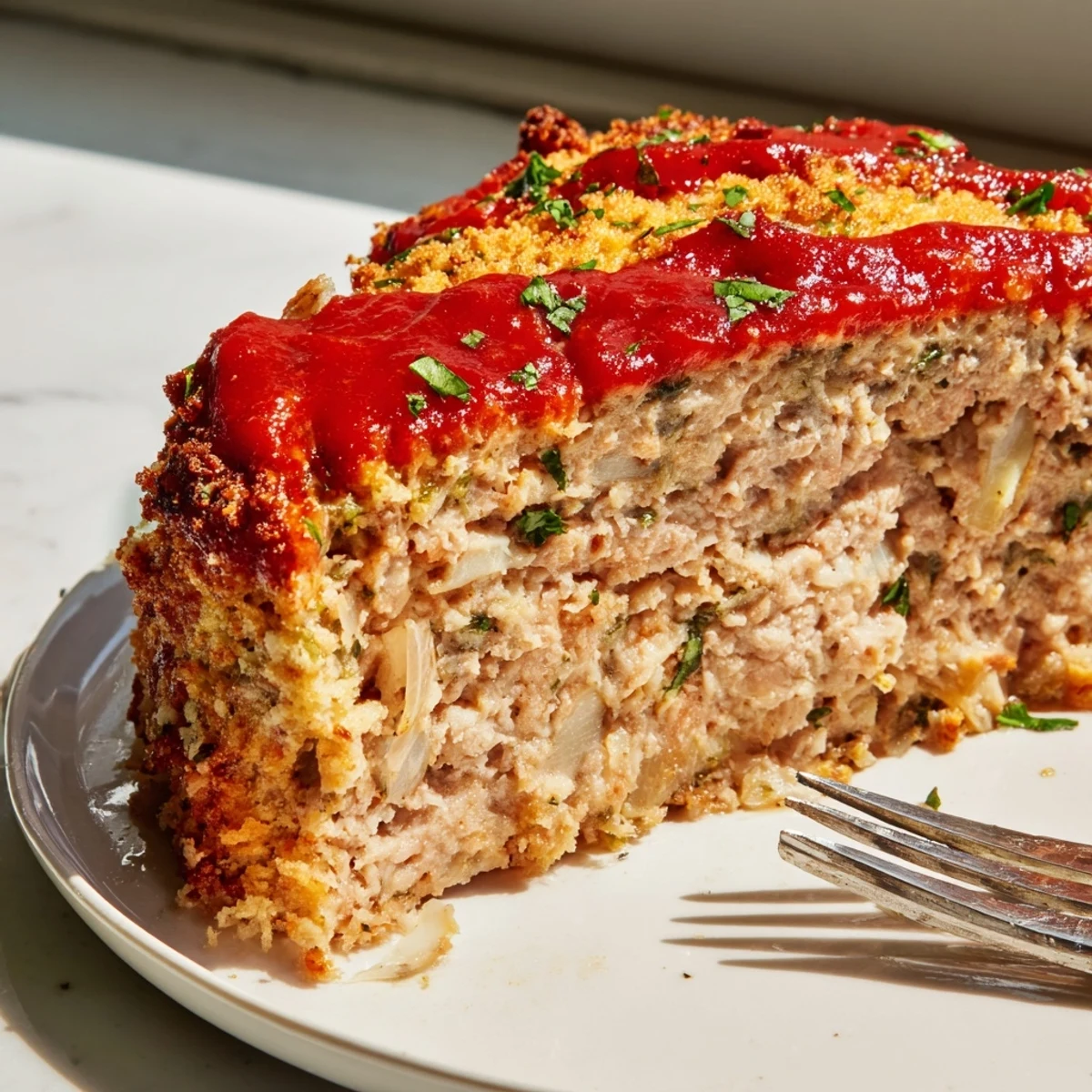 Baked Parmesan crusted turkey meatloaf recipe showing crisp cheesy topping and moist tender slices
