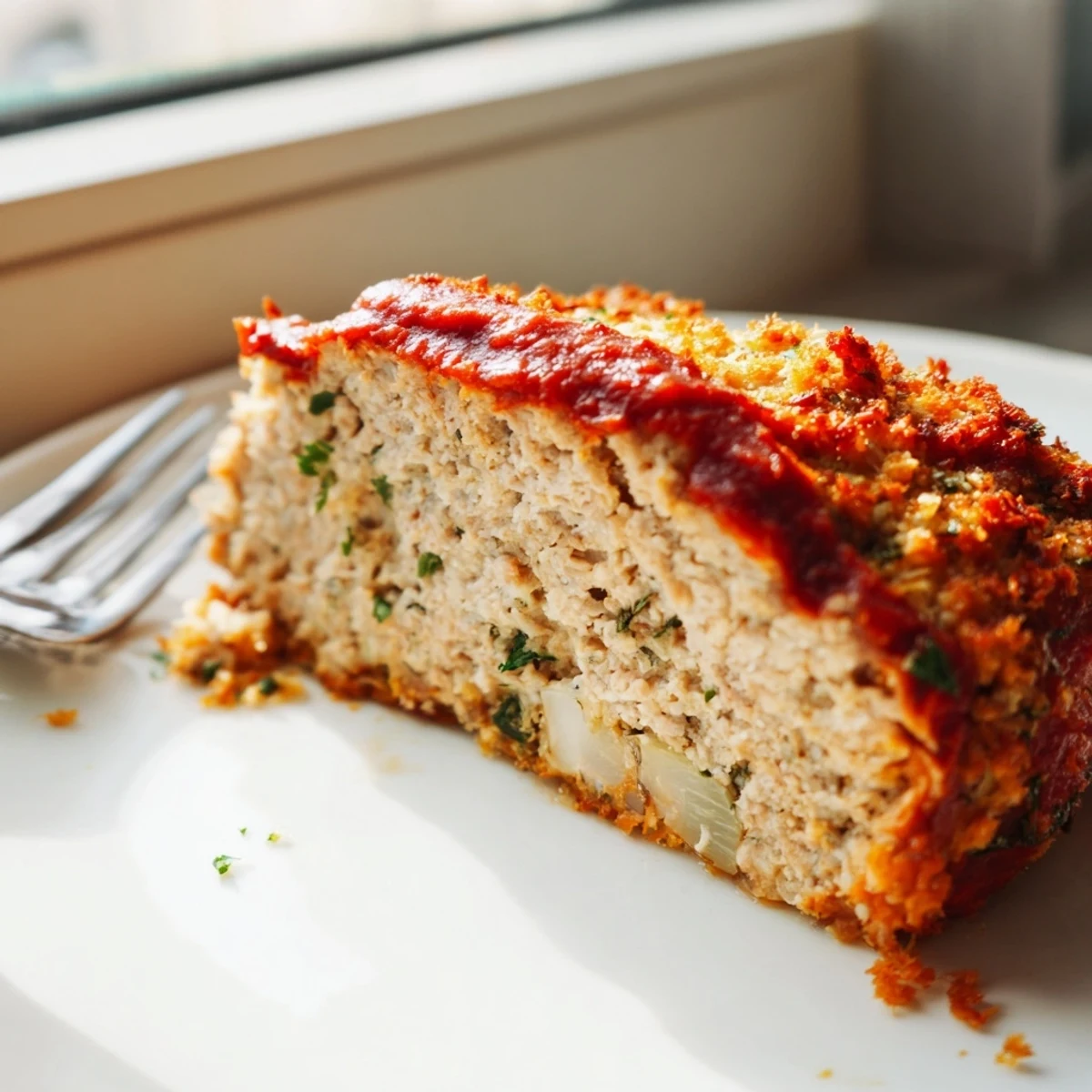 Savory Parmesan crusted turkey meatloaf plated with roasted vegetables and ketchup glaze visible on top