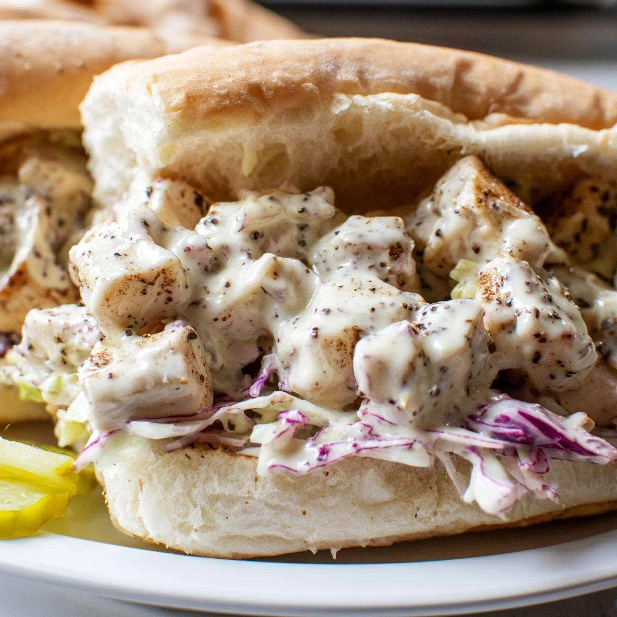 Alabama BBQ Chicken Chopped Sandwich with crisp coleslaw and tangy pickles on a soft white bun