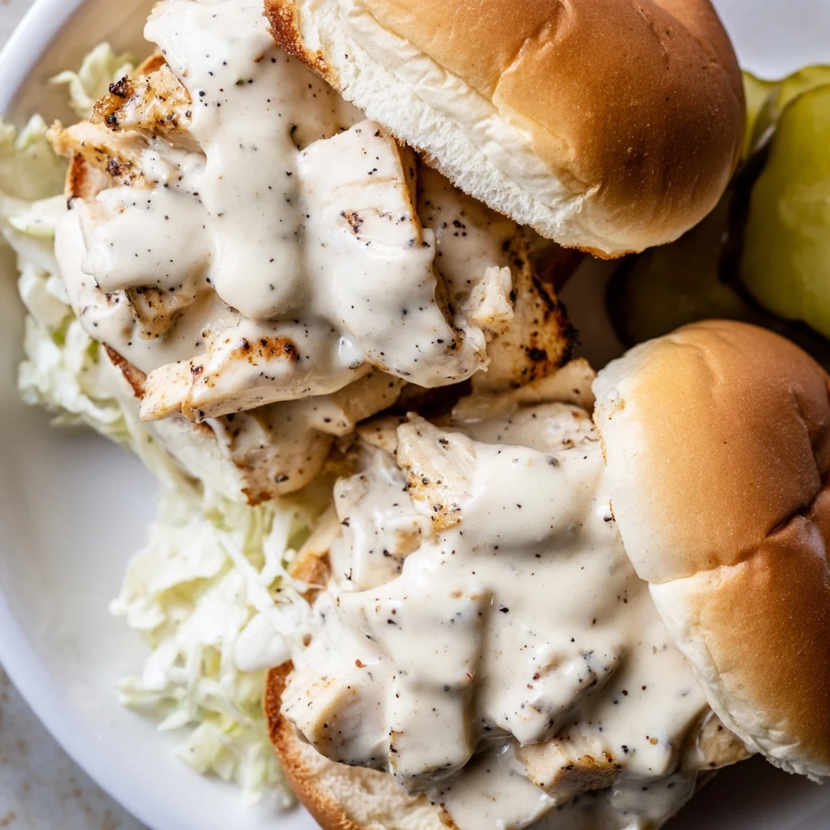 Golden chopped grilled chicken coated in creamy white BBQ sauce piled onto a toasted bun