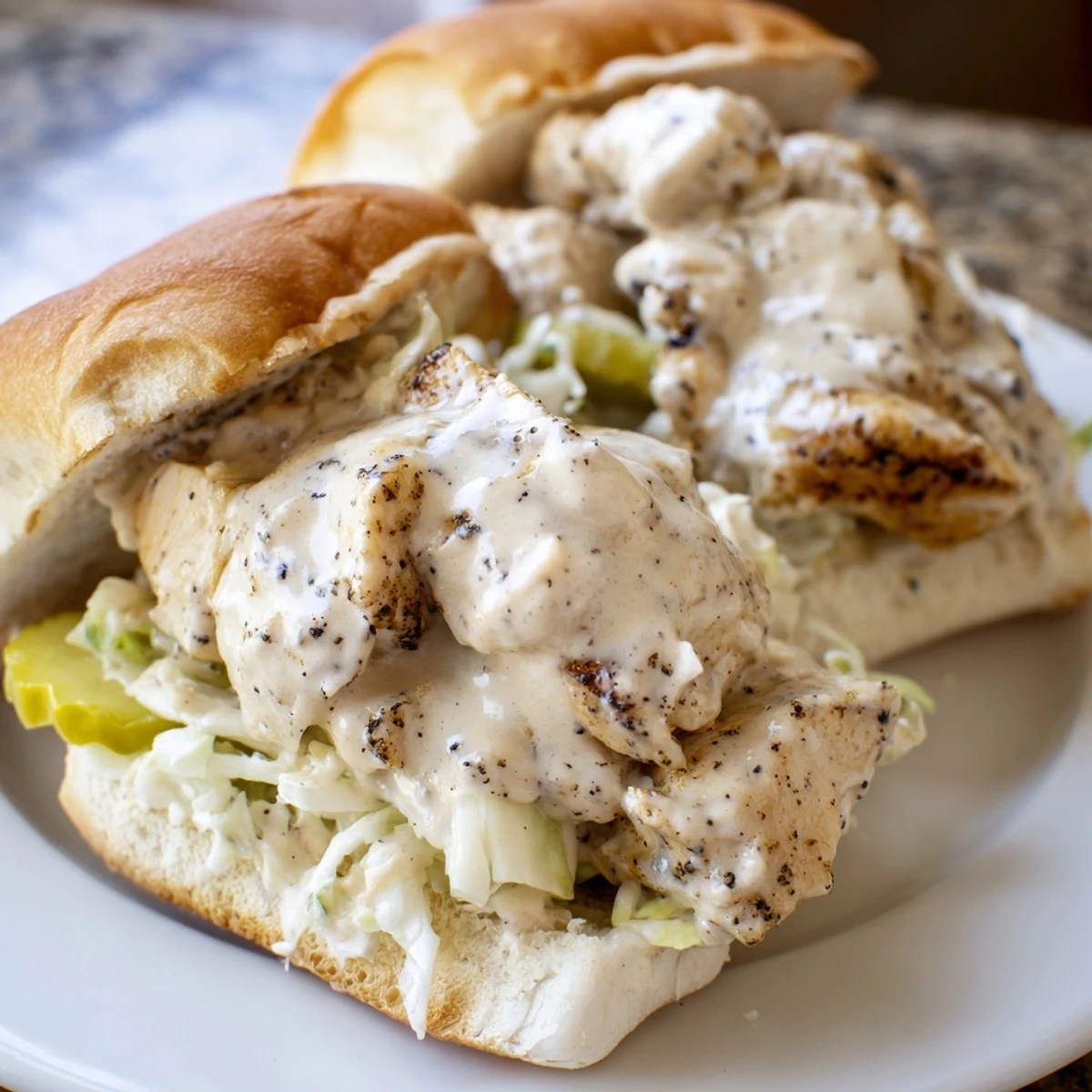 Heaping portion of saucy Alabama BBQ Chicken Chopped Sandwich served on a warm bakery-style bun