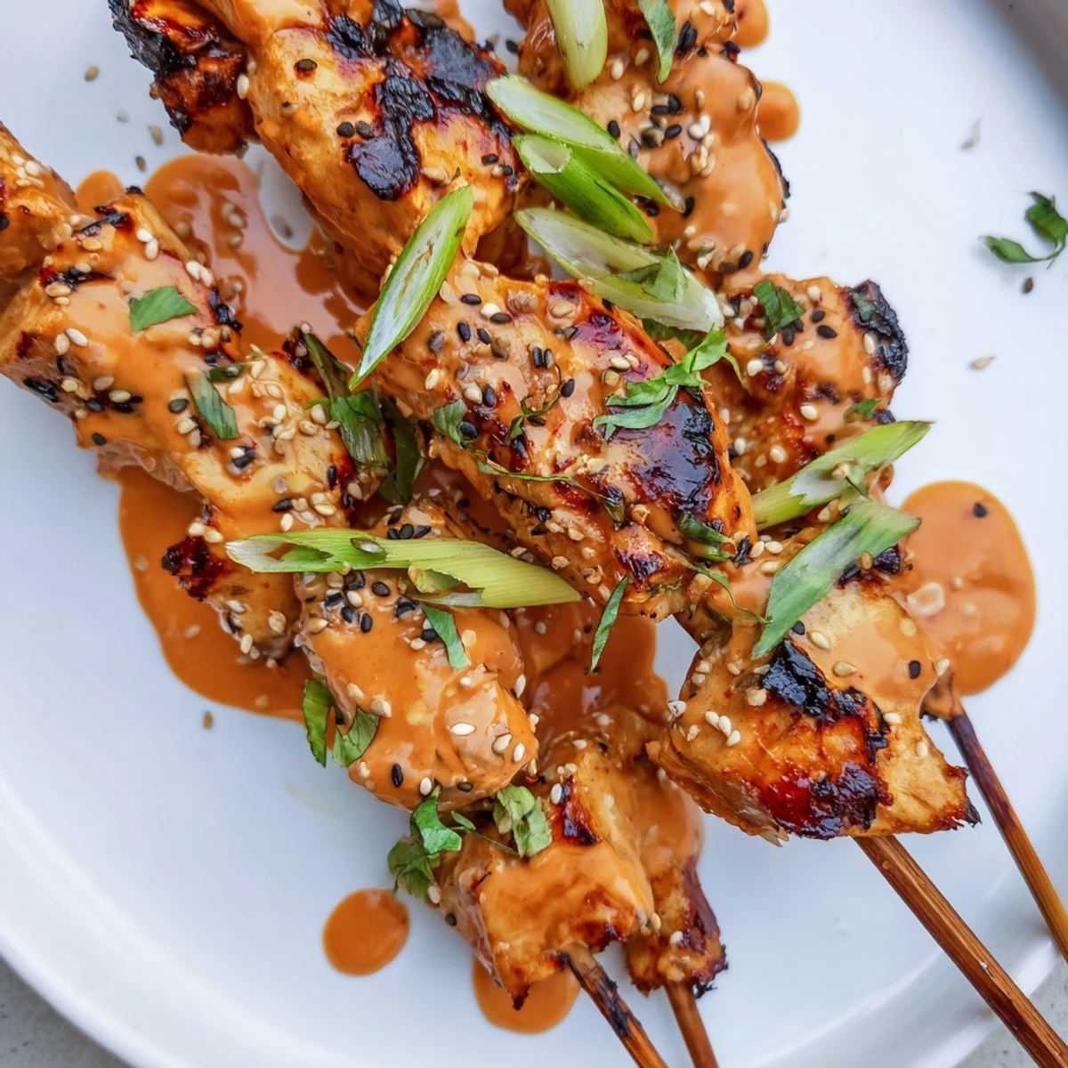 Golden grilled Bang Bang Chicken Skewers drizzled with creamy spicy sauce and sesame seeds