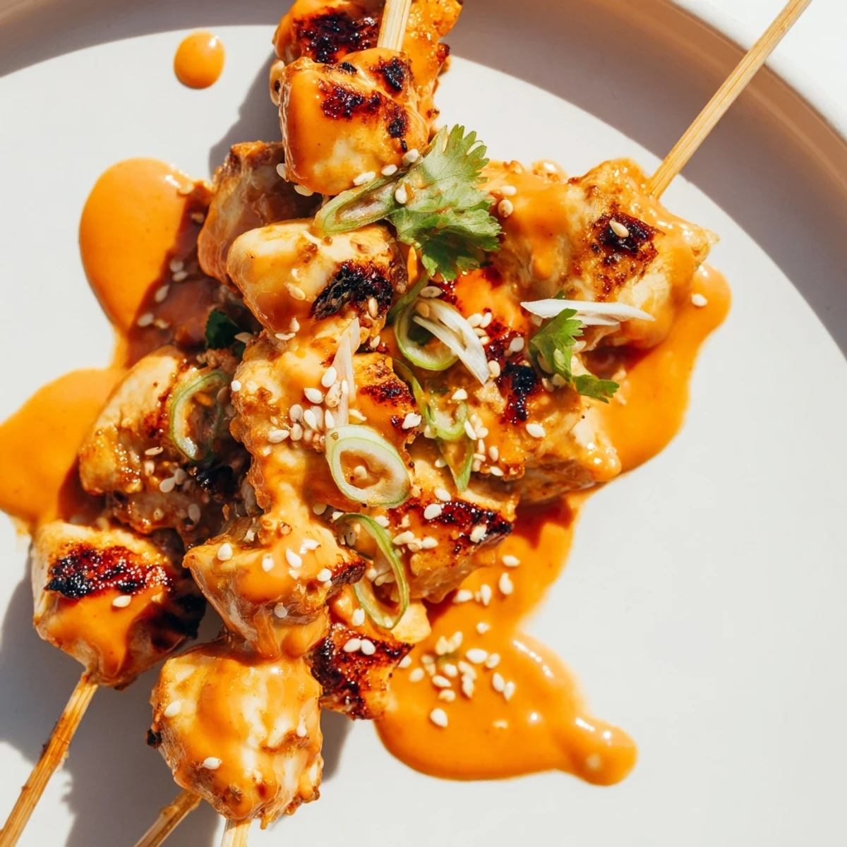 Plate of Bang Bang Chicken Skewers coated in sweet chili mayo sauce with charred edges
