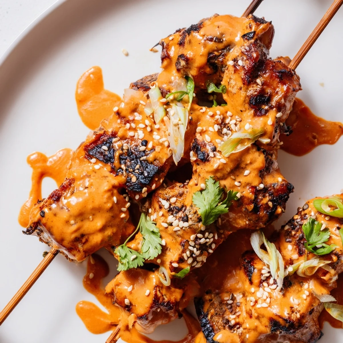 Juicy Bang Bang Chicken Skewers on a plate with scallions and fresh cilantro garnish
