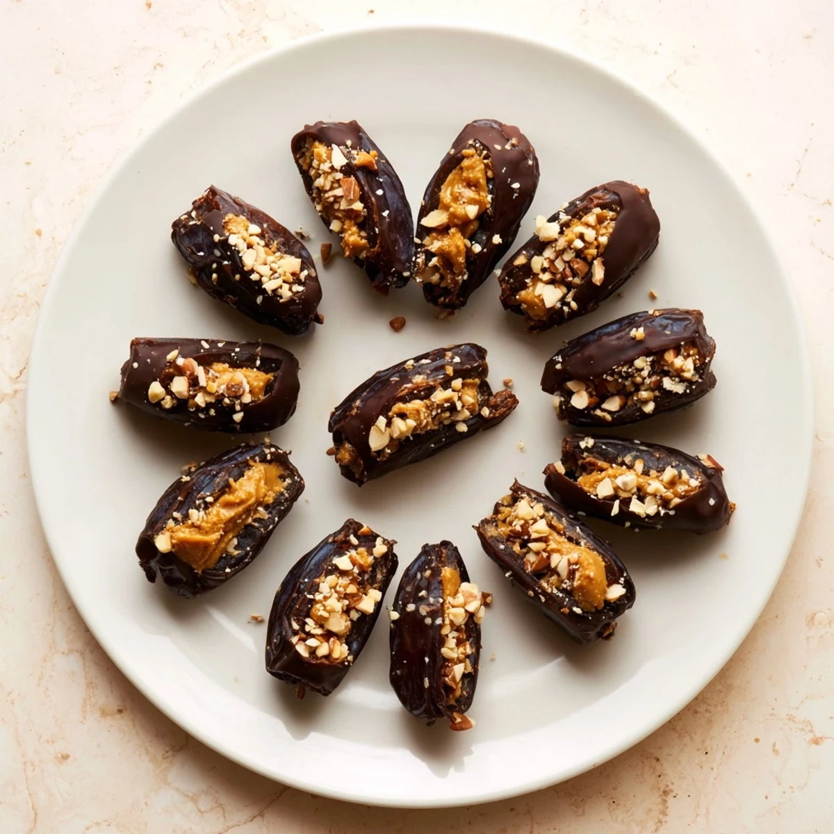 Stuffed Date Snickers featuring sweet Medjool dates filled with peanut butter and chopped peanuts, coated in glossy dark chocolate with sea salt