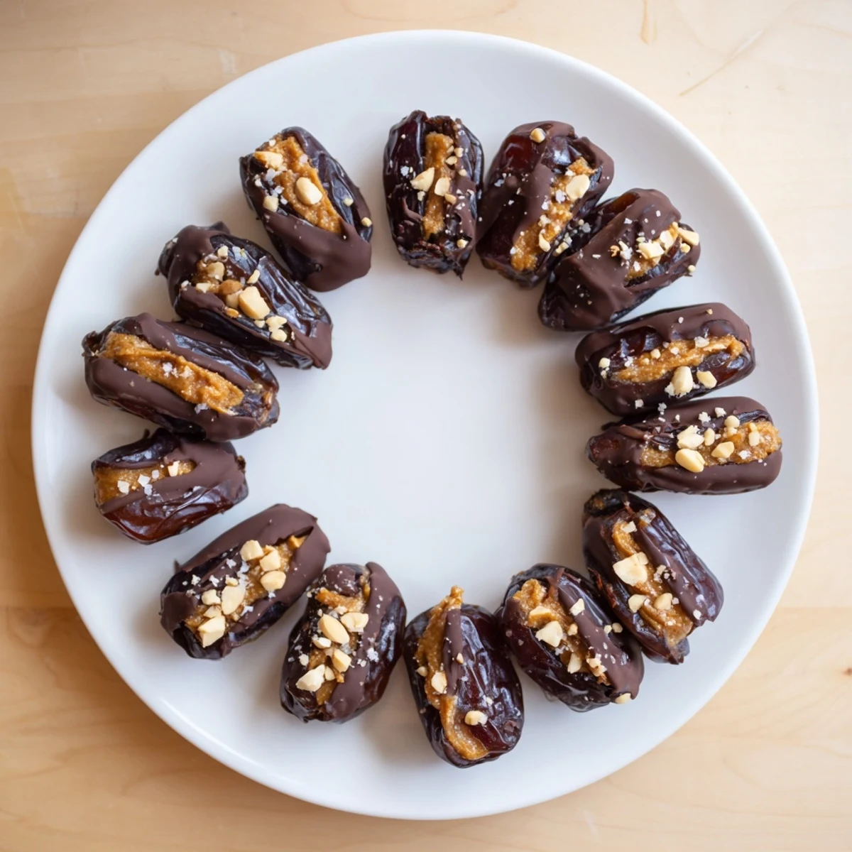 Homemade Date Snickers arranged on a white plate, showcasing chocolate-dipped dates with roasted peanut centers and a light sea salt garnish