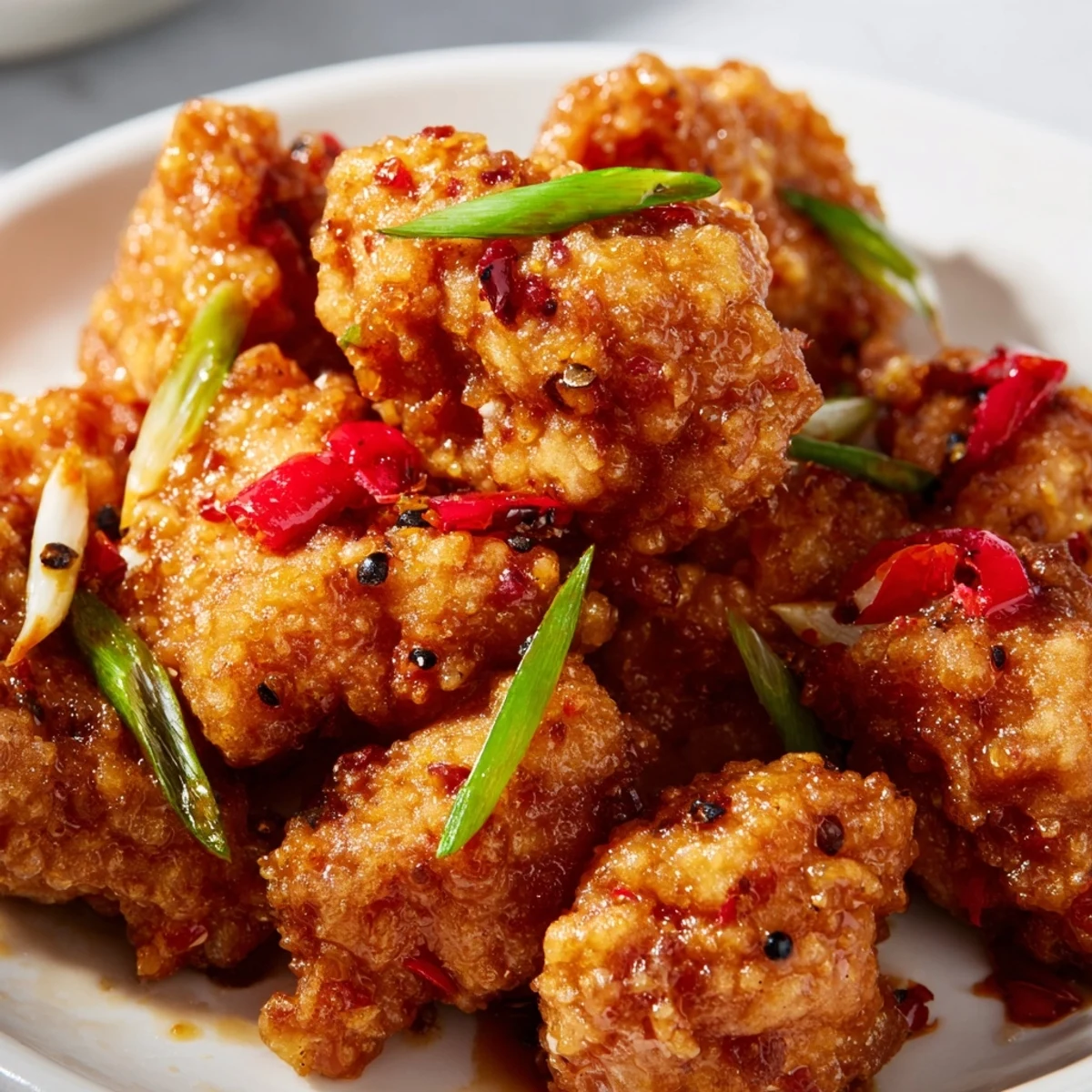 Golden crispy pepper chicken pieces tossed with colorful bell peppers and fresh green onions in a savory black pepper sauce