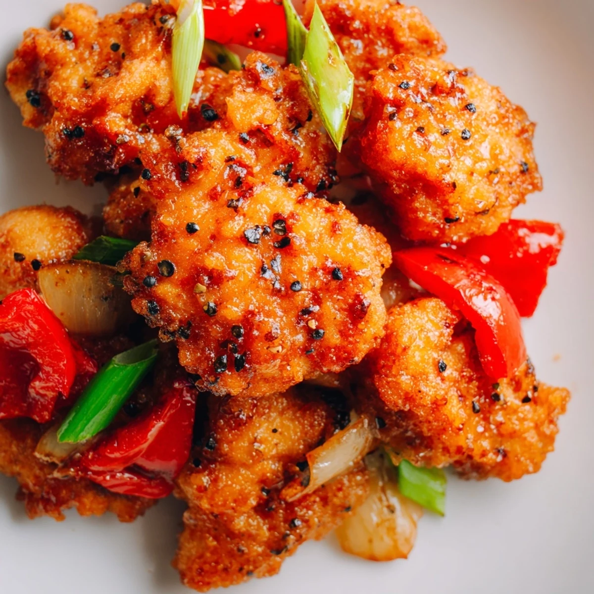 Juicy fried chicken coated in a light crispy crust, smothered in aromatic pepper sauce with sautéed vegetables