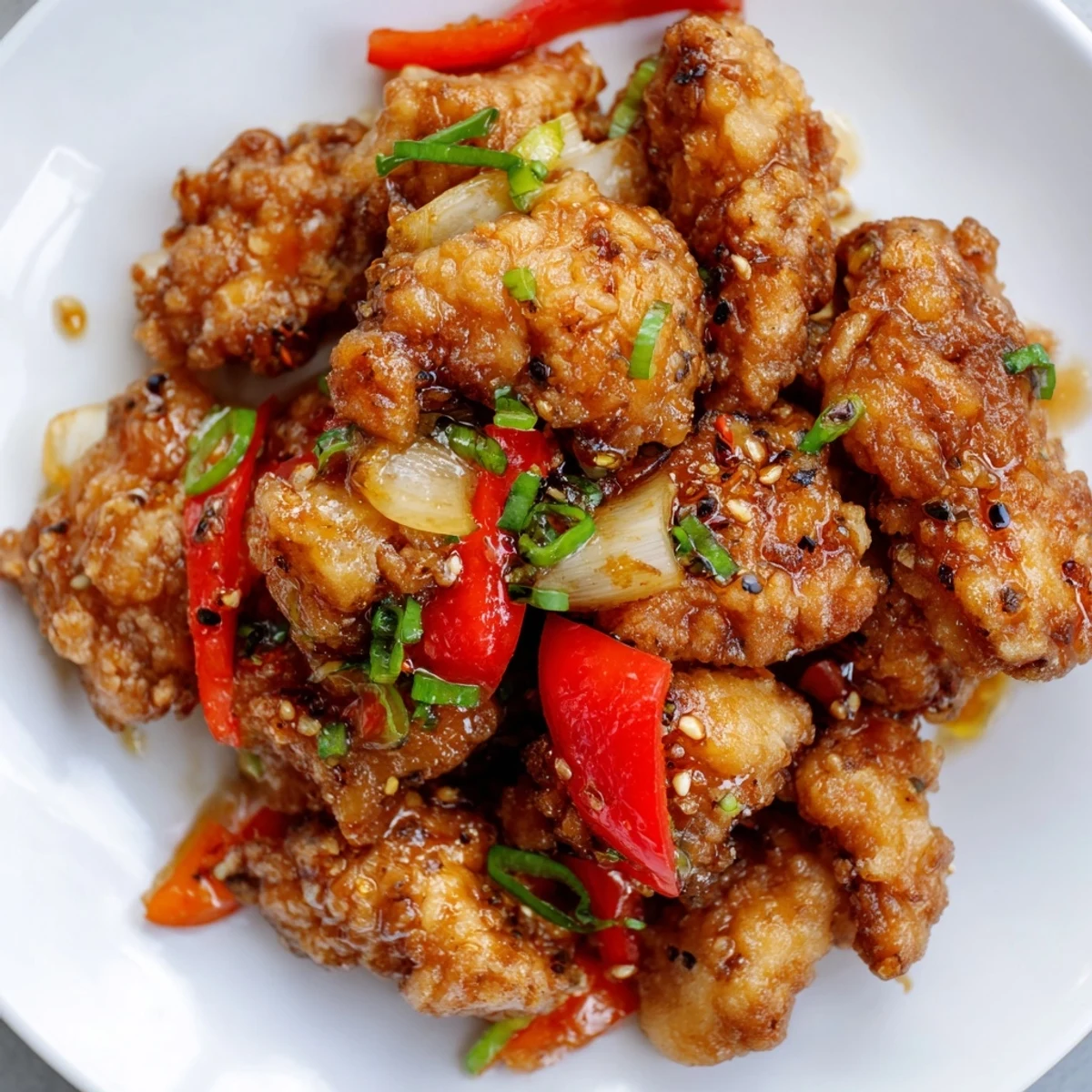 Asian-inspired crispy pepper chicken served steaming hot with tender onion and red pepper slices, garnished with scallions