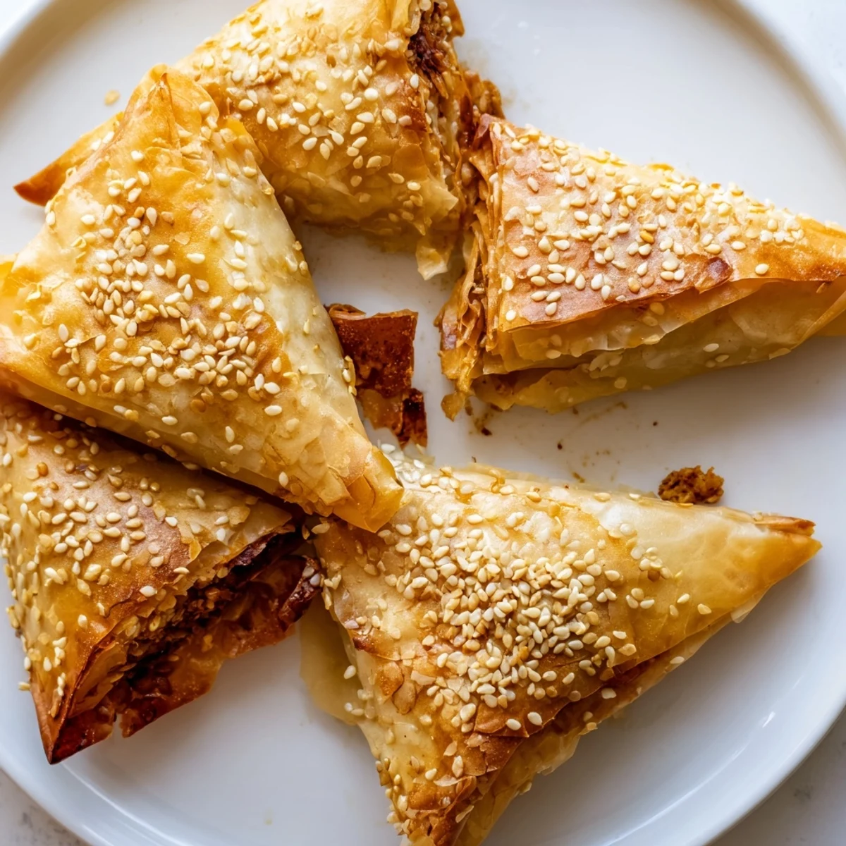 Golden brown Moroccan spiced chicken briouats with crispy phyllo pastry and sesame seed topping