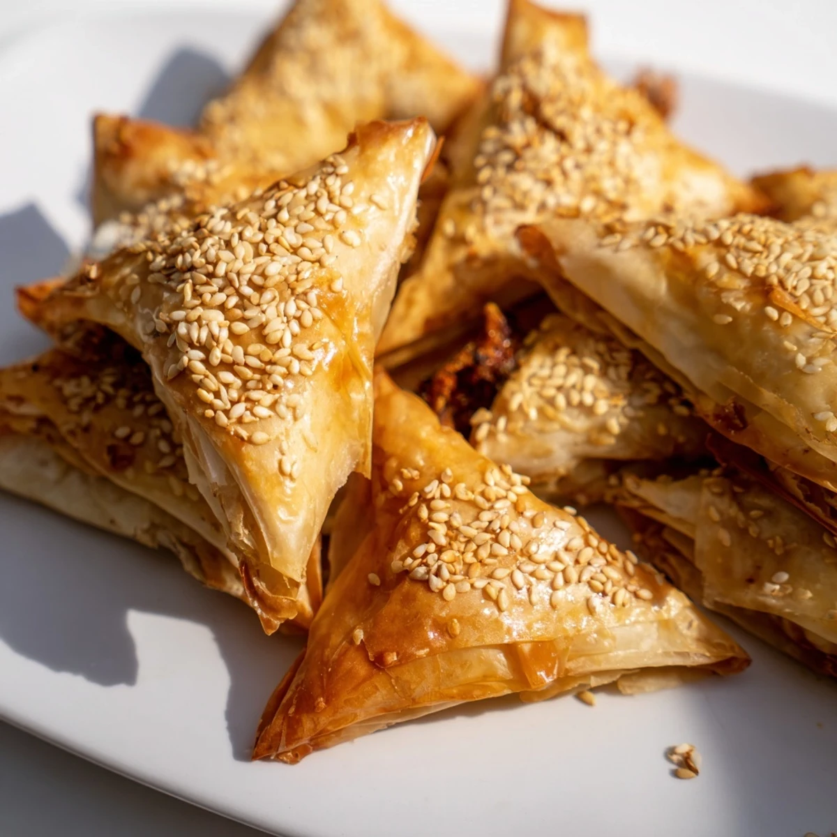 Triangle-shaped Moroccan chicken briouats filled with aromatic spiced meat and fresh herbs, baked until crisp