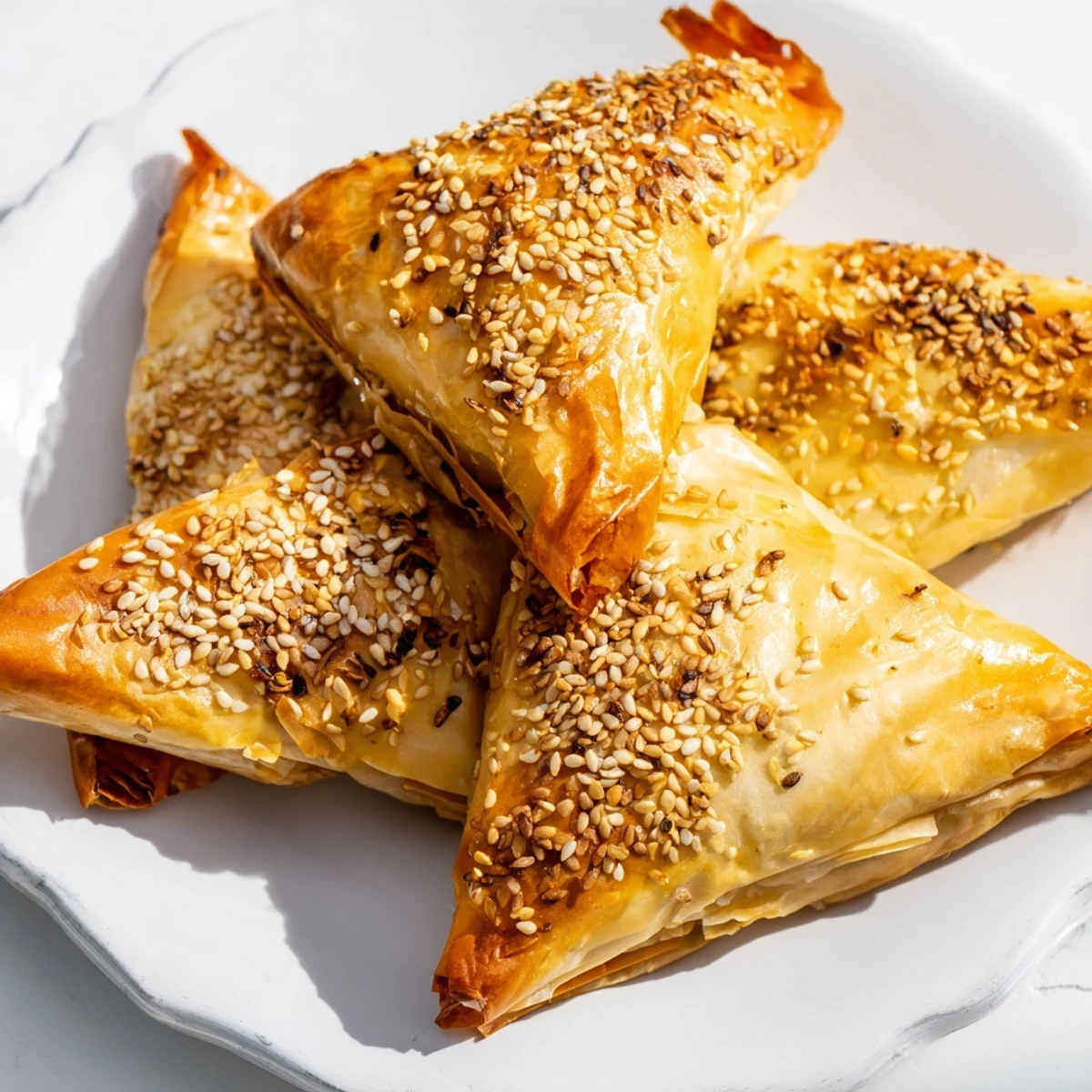 Moroccan spiced chicken briouats arranged on serving plate, golden pastry with savory herb filling visible