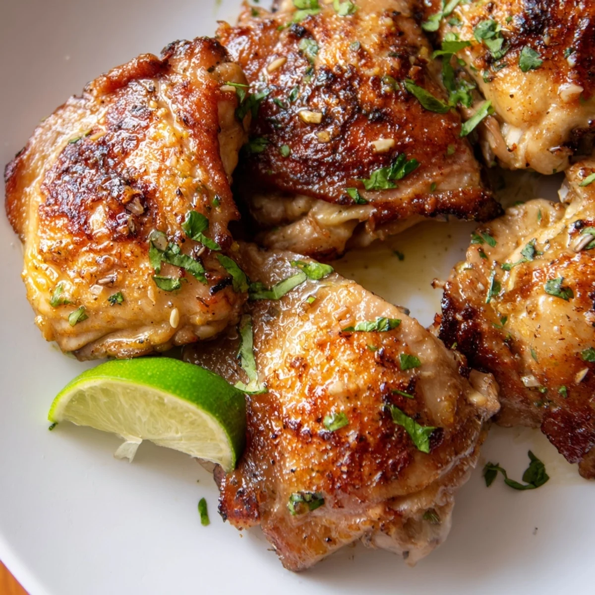 Zesty Cuban Mojo Chicken thighs plated with rice, beans, and lime wedges
