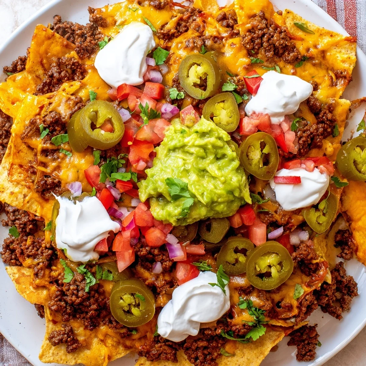 Golden Texas nachos piled high with melted cheddar, seasoned beef, and fresh colorful toppings