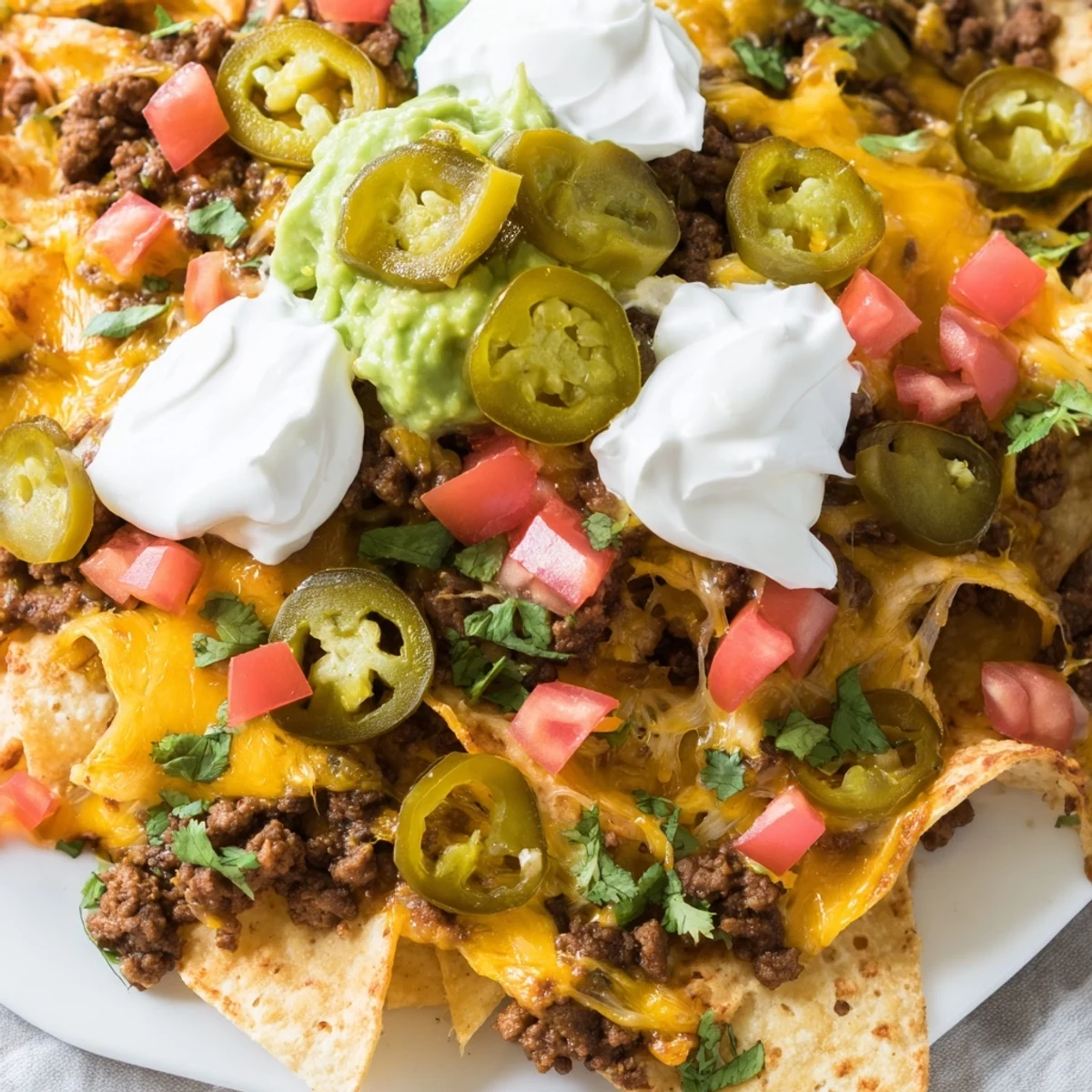 Heaping platter of Texas nachos topped with jalapeños, tomatoes, sour cream, and guacamole