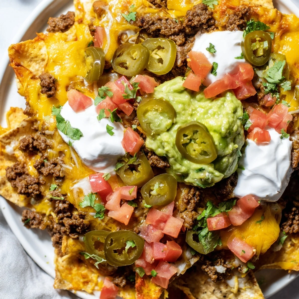 Loaded Texas nachos featuring crispy tortilla chips layered with spiced ground beef and bubbly cheese