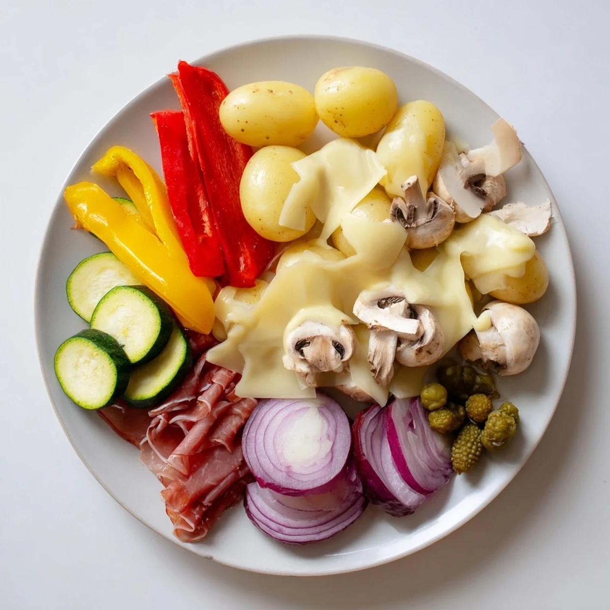 Golden melted raclette cheese oozing over warm potatoes with colorful bell peppers and pickles on a wooden serving board