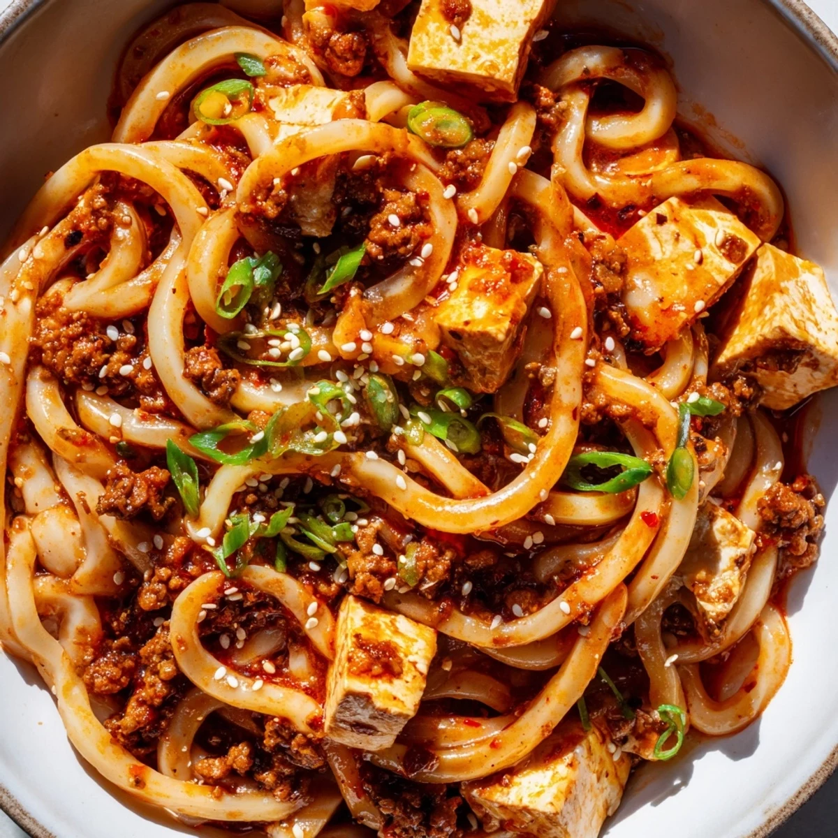 Steaming bowl of spicy Mapo Tofu Udon featuring chewy noodles topped with savory ground pork and silken tofu cubes in rich red sauce