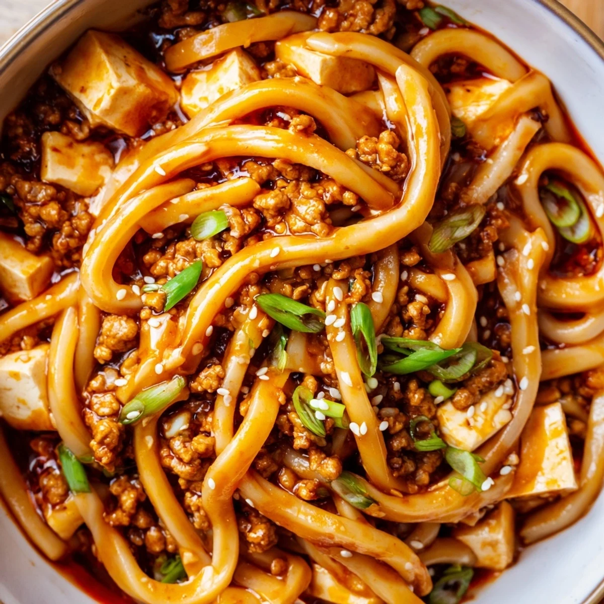 Garnished Mapo Tofu Udon with green onions and sesame seeds showcasing thick spicy coating over thick white udon noodles and tender tofu