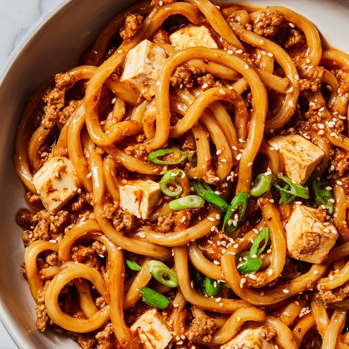 Close-up of Mapo Tofu Udon fusion dish with soft tofu pieces and meaty sauce clinging to springy Japanese udon noodles in deep red broth