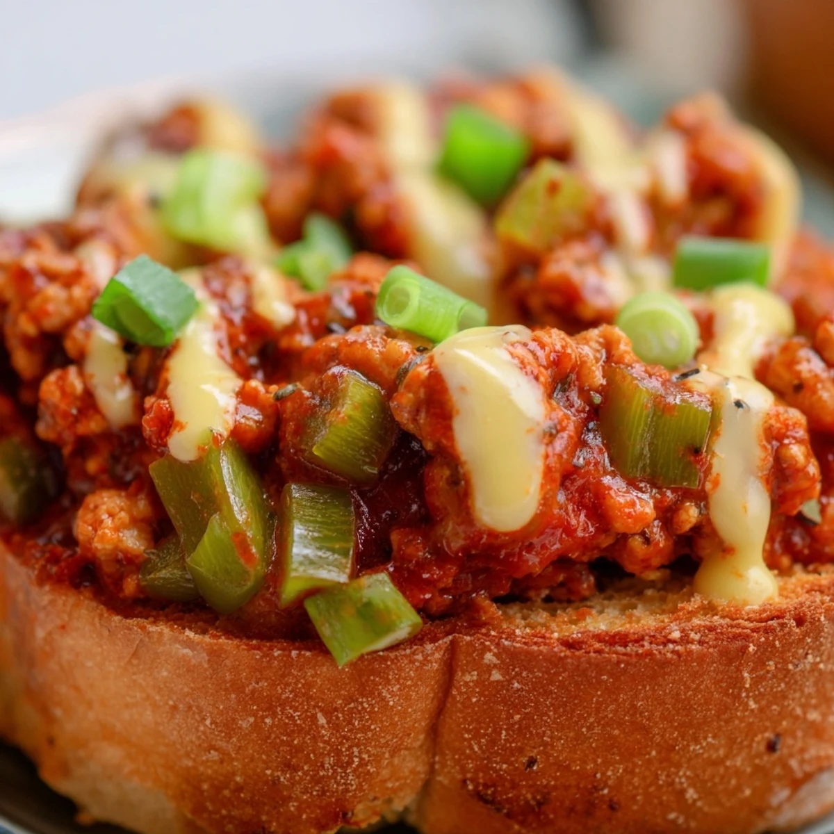 Golden Cajun chicken sloppy joes drizzled with rich melted cheddar sauce on toasted buns