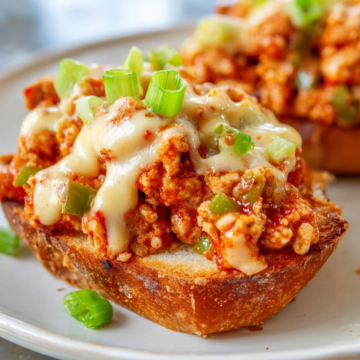 Spicy ground chicken mixture piled high on brioche buns topped with creamy homemade cheese sauce