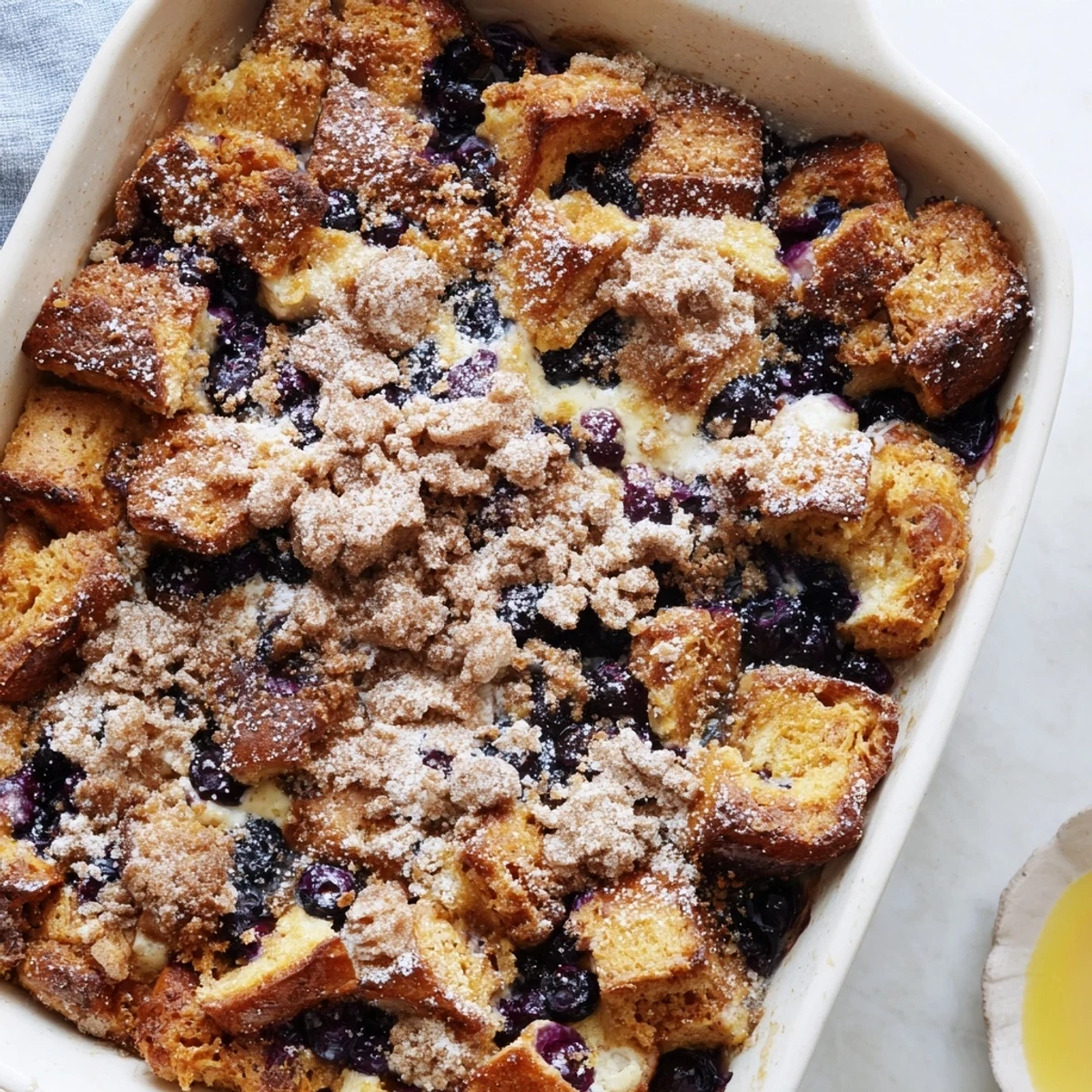 Golden blueberry cream cheese French toast casserole with crispy cinnamon streusel topping