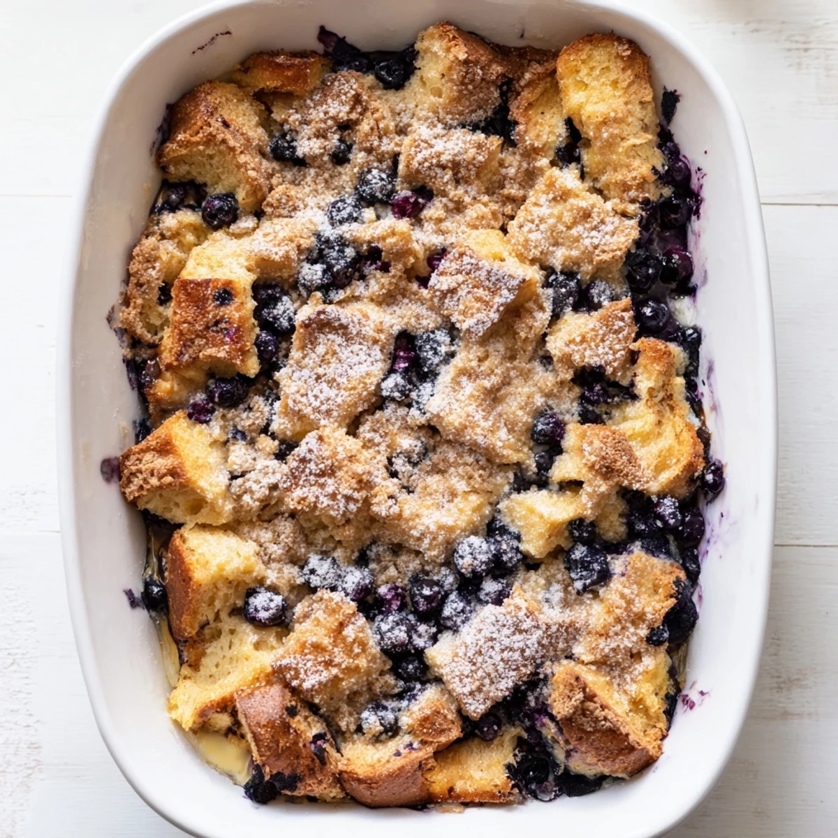 Baked blueberry cream cheese French toast casserole with juicy berries and golden crust