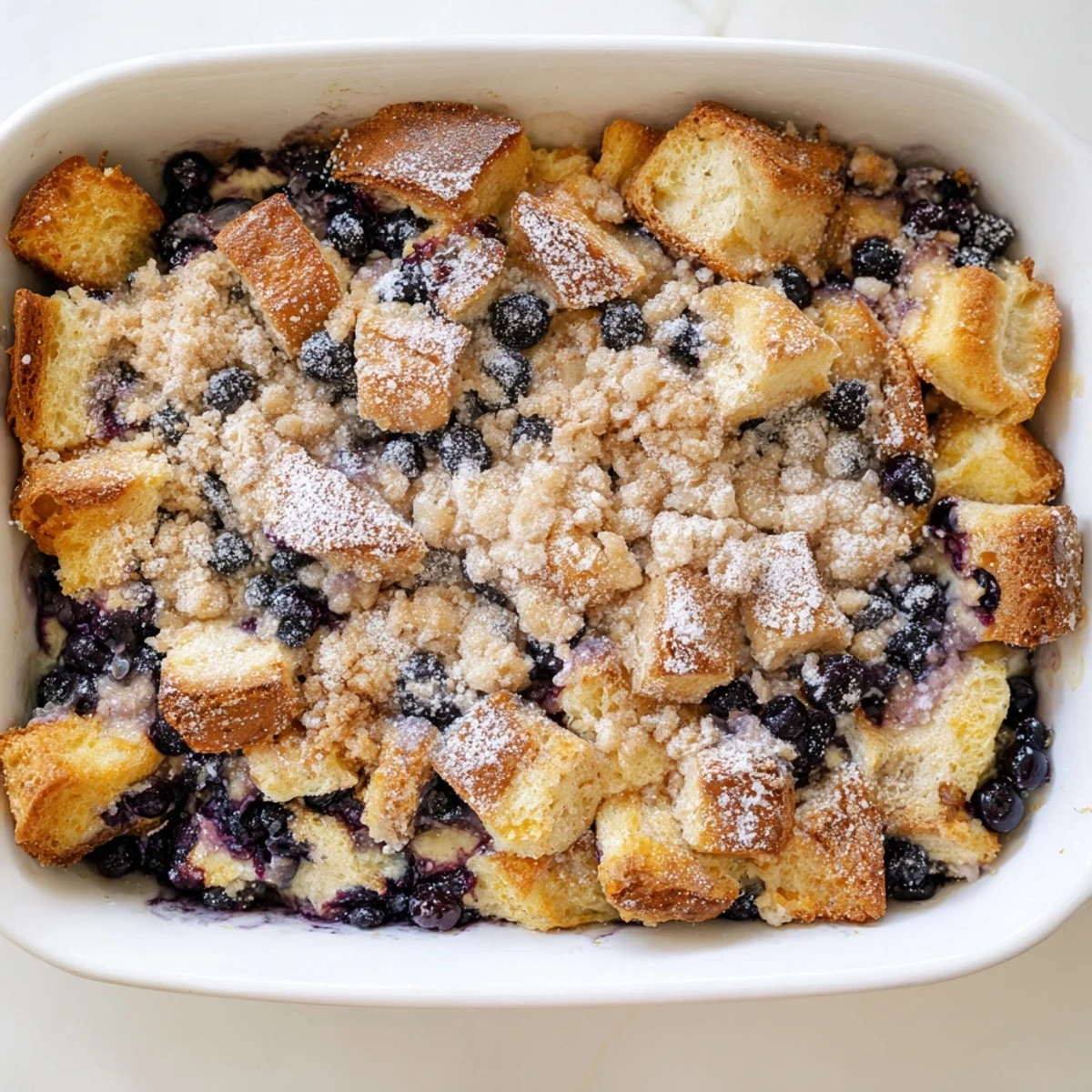 Creamy blueberry cream cheese French toast casserole served warm with maple syrup