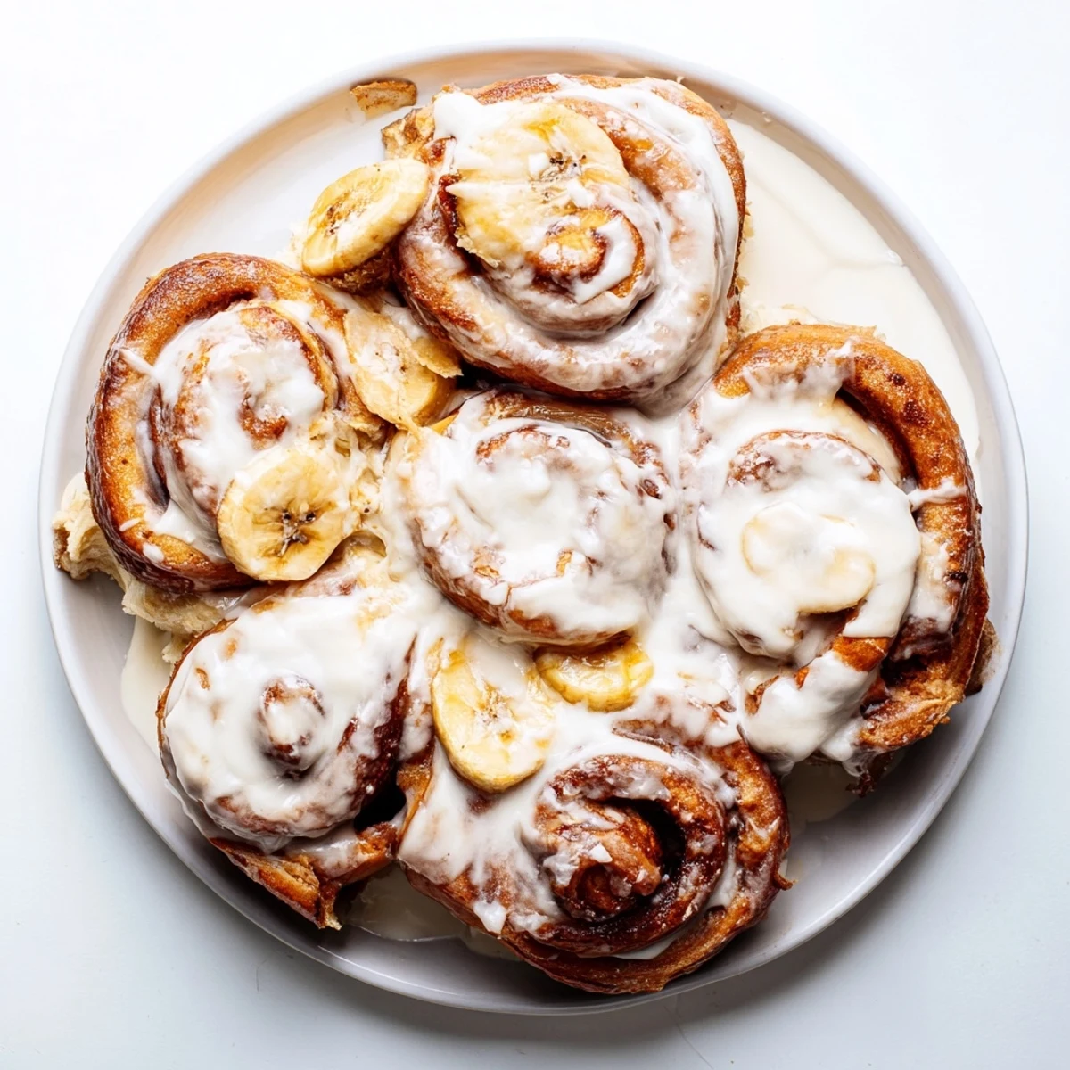 Freshly baked banana cinnamon rolls drizzled with creamy vanilla glaze on a serving platter