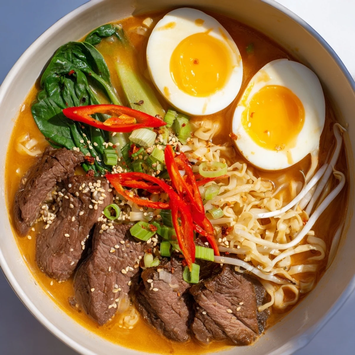 Bowl of spicy beef ramen with creamy garlic sauce featuring tender sliced beef, soft-boiled egg, and fresh green onion garnish