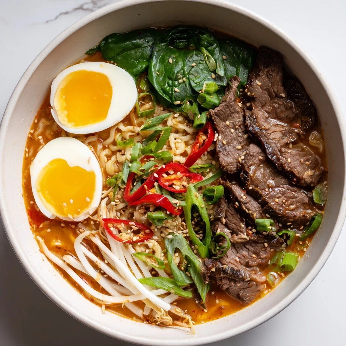 Japanese fusion noodle soup showcasing spicy beef ramen with creamy garlic sauce, bean sprouts, sesame seeds, and soft-boiled eggs
