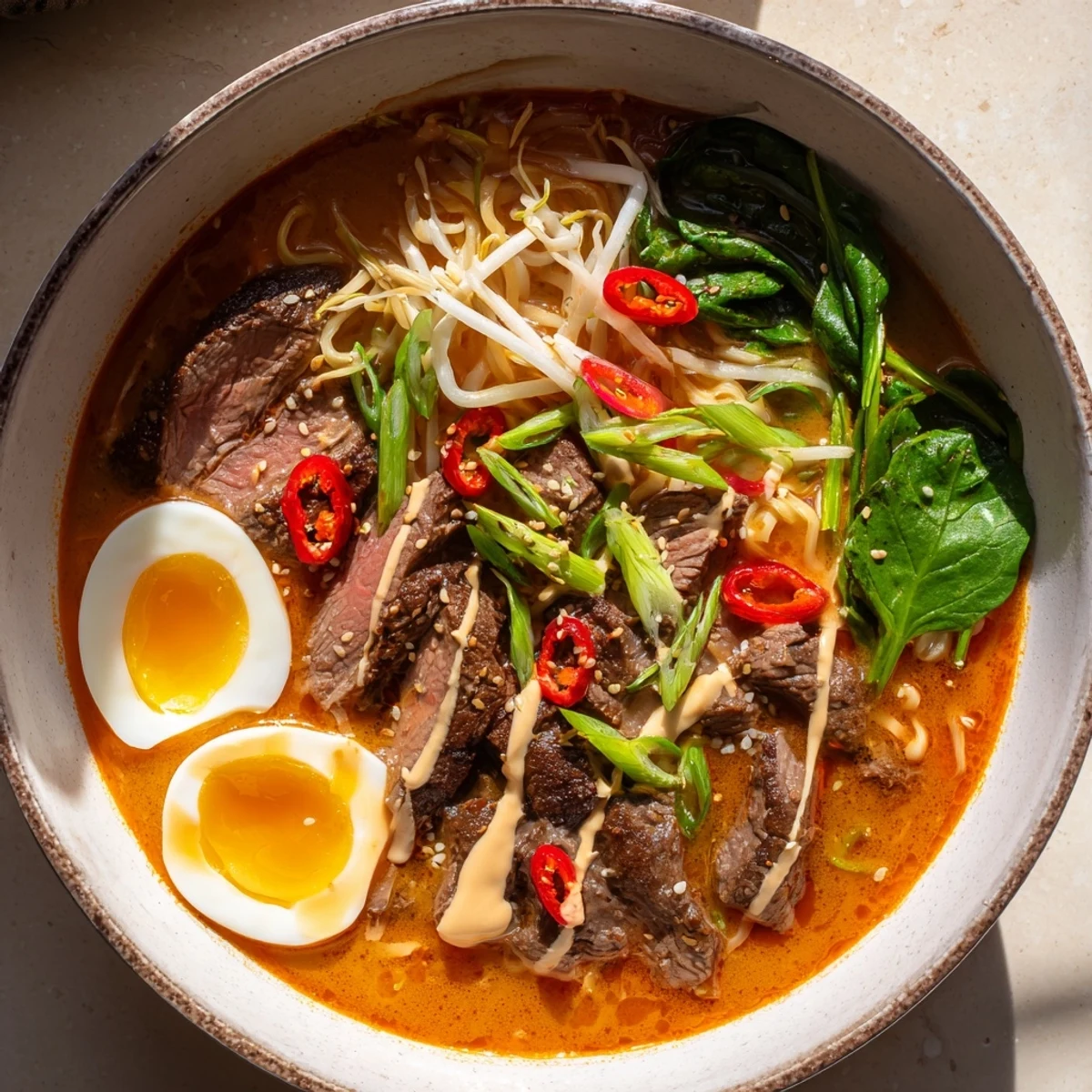 Steaming spicy beef ramen with creamy garlic sauce drizzled over fresh noodles, topped with spinach, tender beef, and red chili
