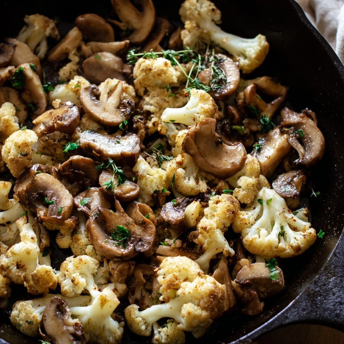 Golden cauliflower florets and browned mushrooms sautéed with garlic in a cast iron skillet