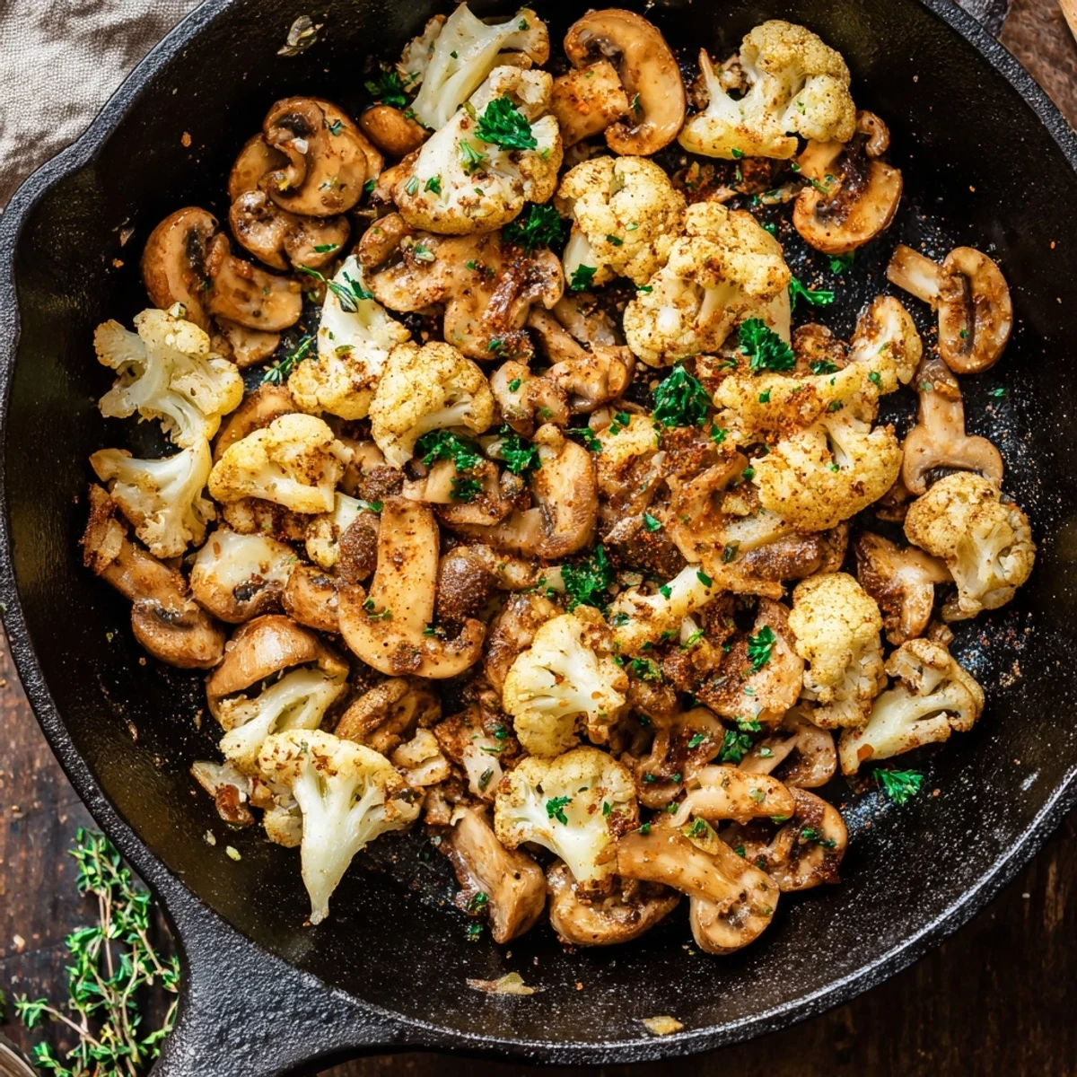 Tender garlic mushrooms and cauliflower skillet garnished with fresh parsley and lemon juice