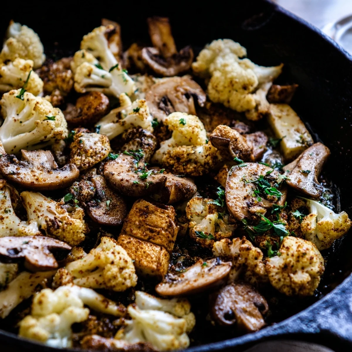 Savory vegetarian skillet featuring caramelized cauliflower and mushrooms seasoned with smoked paprika and thyme