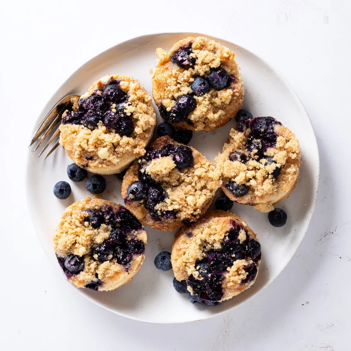 Fresh blueberry muffin cookies topped with buttery cinnamon streusel on a white plate