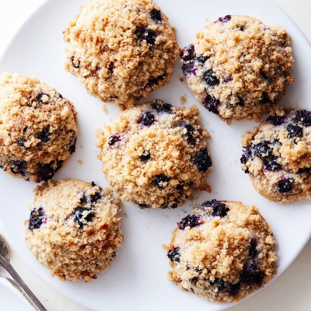 Soft cake-like blueberry muffin cookies with golden streusel and juicy berry pockets visible