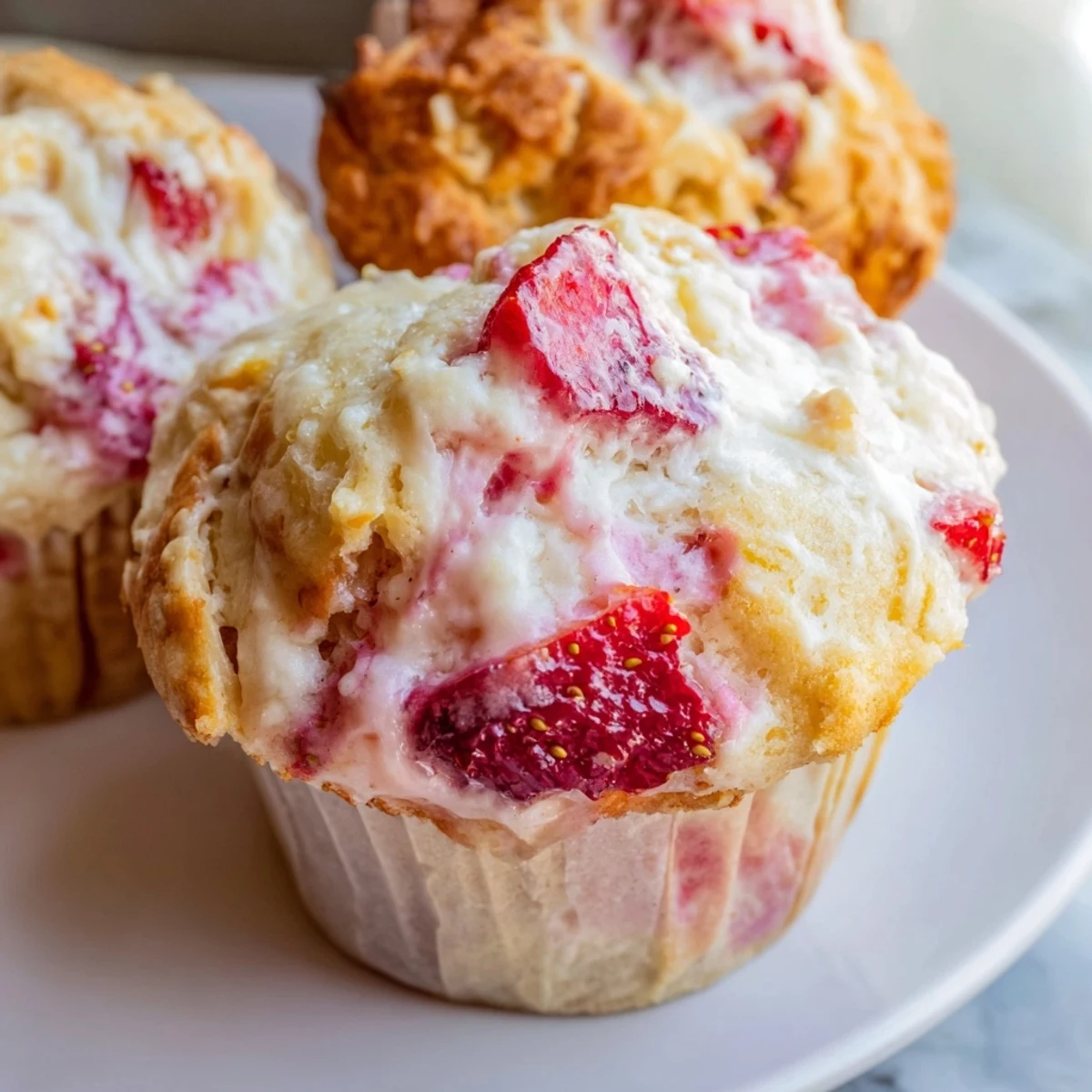 Golden homemade strawberry cream cheese muffins with visible red berry pieces and cream cheese swirl