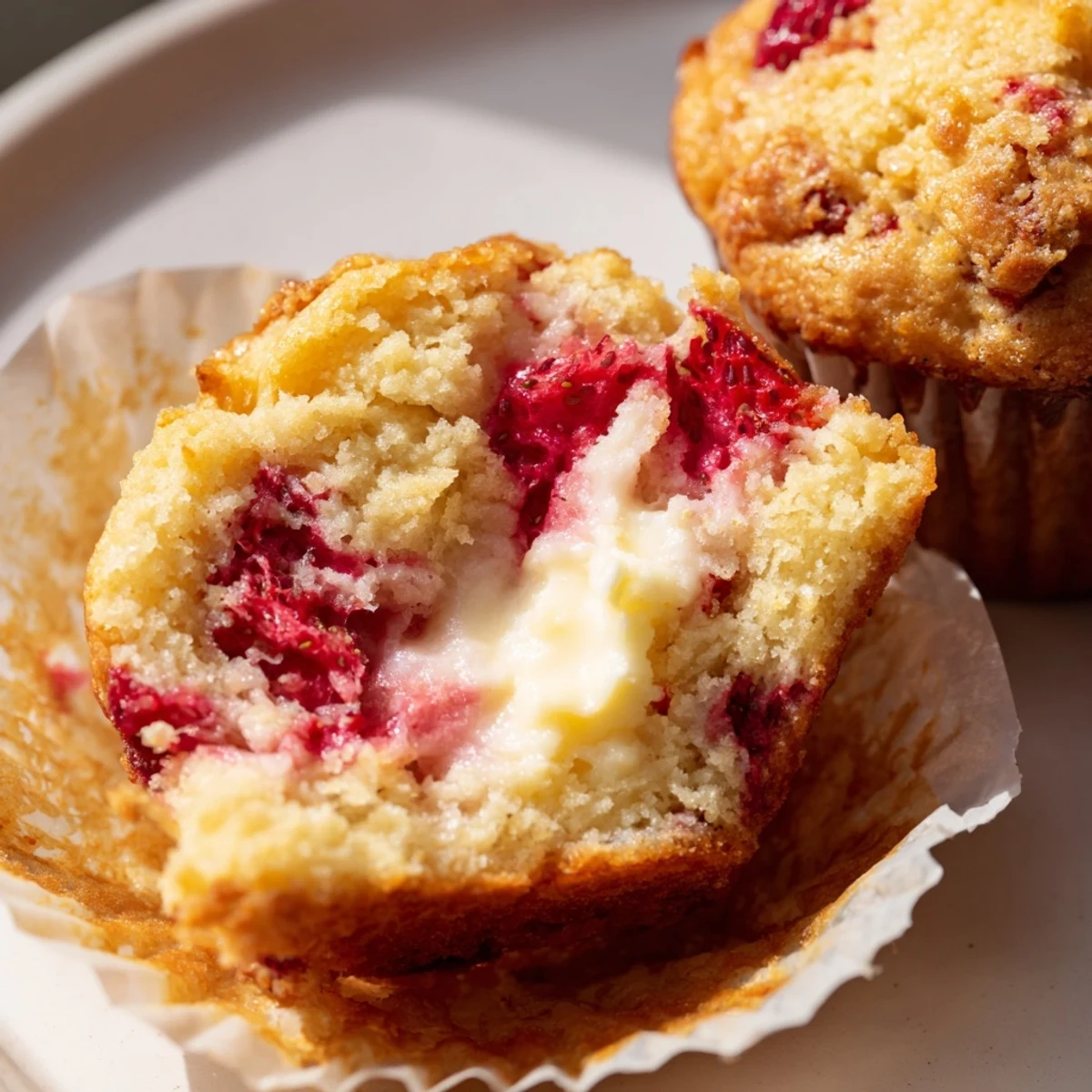 Moist breakfast strawberry cream cheese muffins topped with fresh strawberry chunks and creamy filling