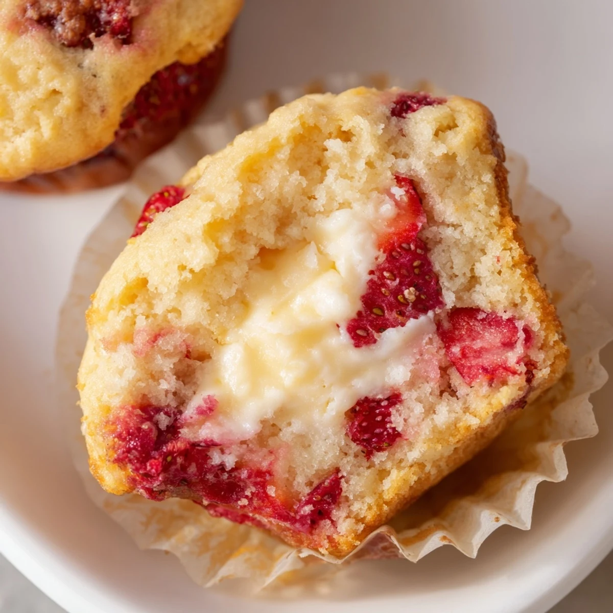Fresh strawberry cream cheese muffins cooling on wire rack with tender crumb and sweet center