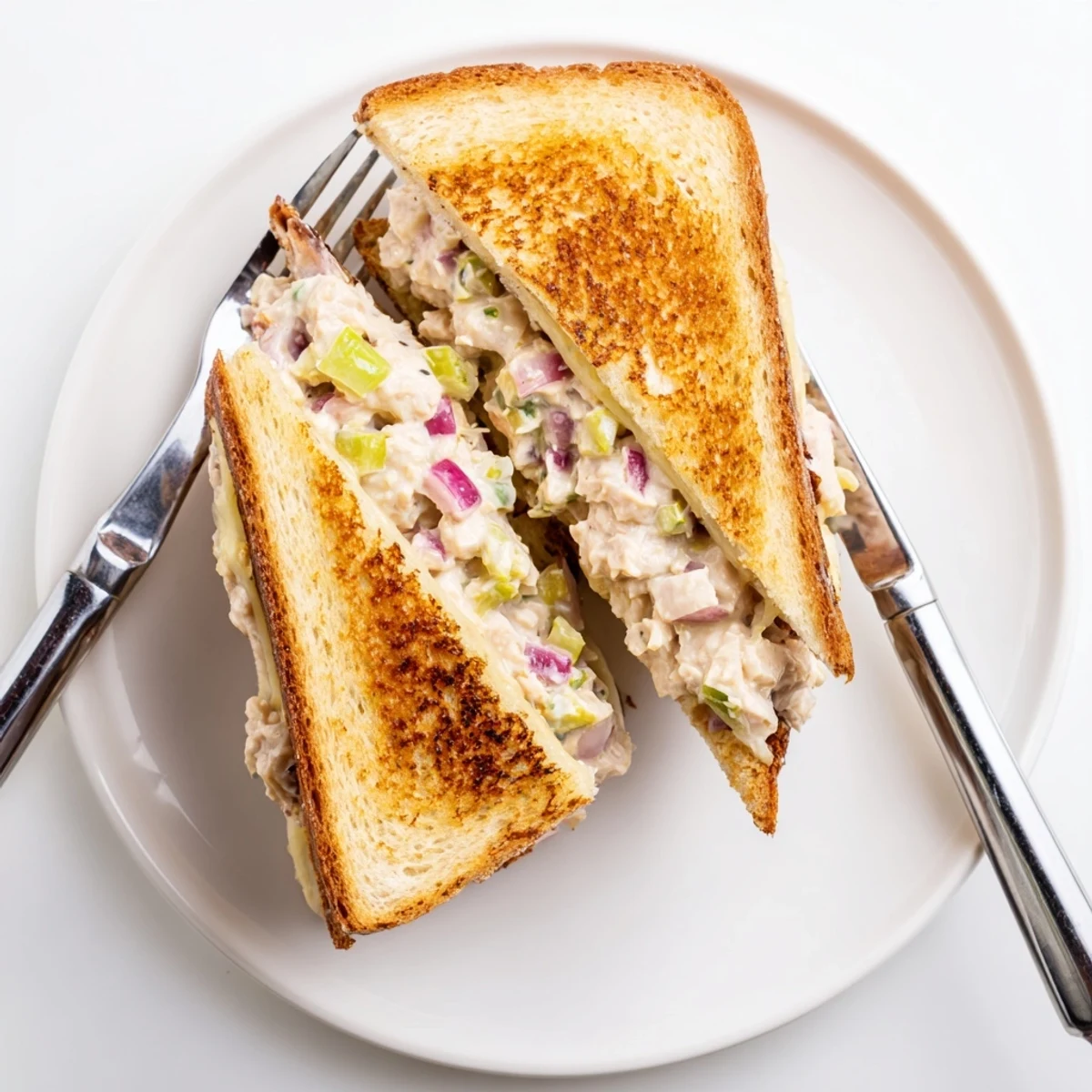 Open-faced Tuna Melt with creamy tuna salad, tomato slices, and bubbling cheddar cheese