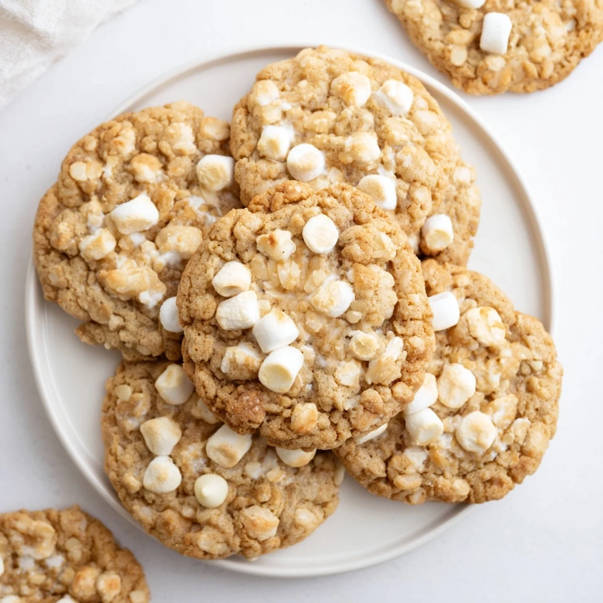 Stack of bakery-style marshmallow crispy cookies copycat dotted with white chocolate and crispy rice