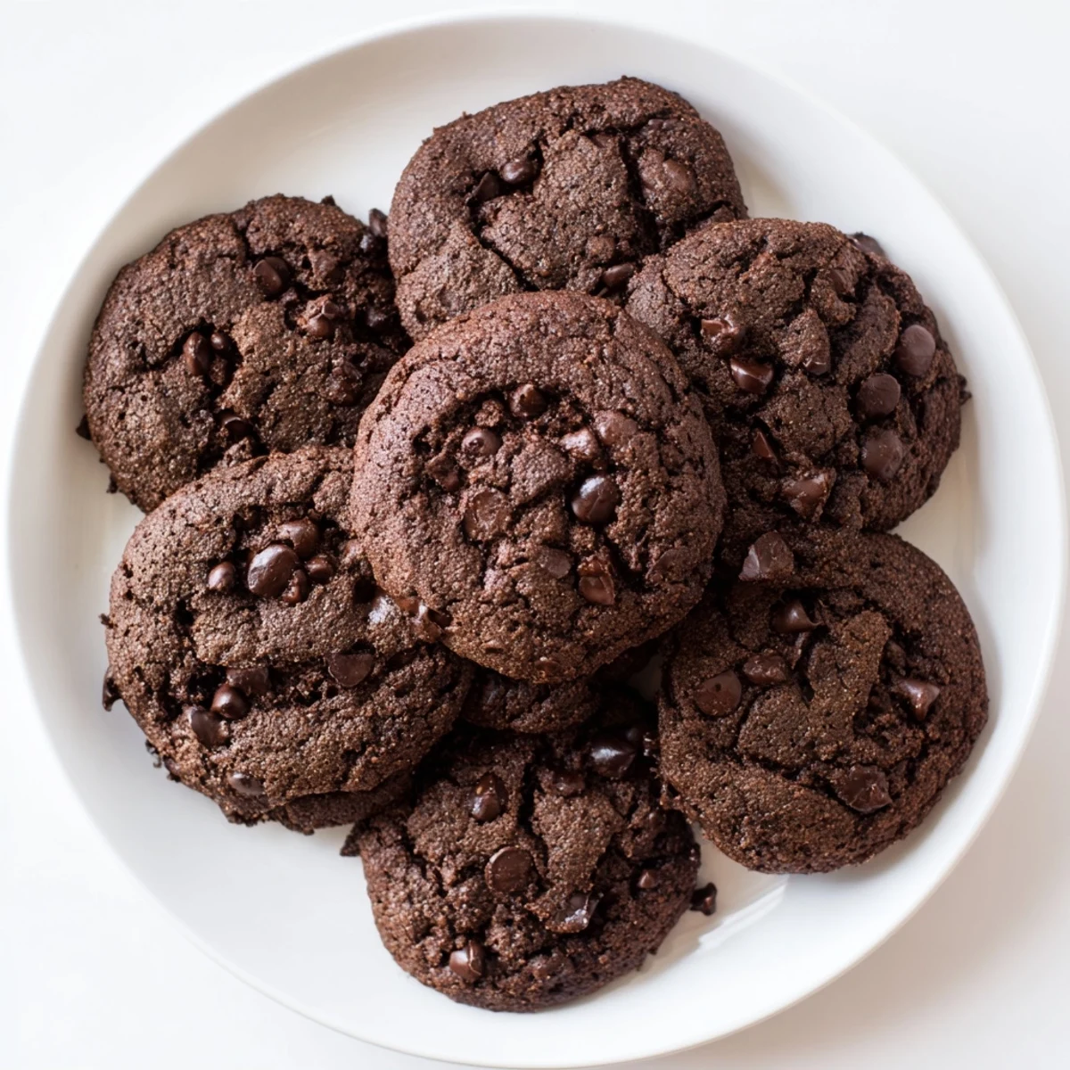 Chewy chocolate espresso cookies with melted chips on a cooling rack