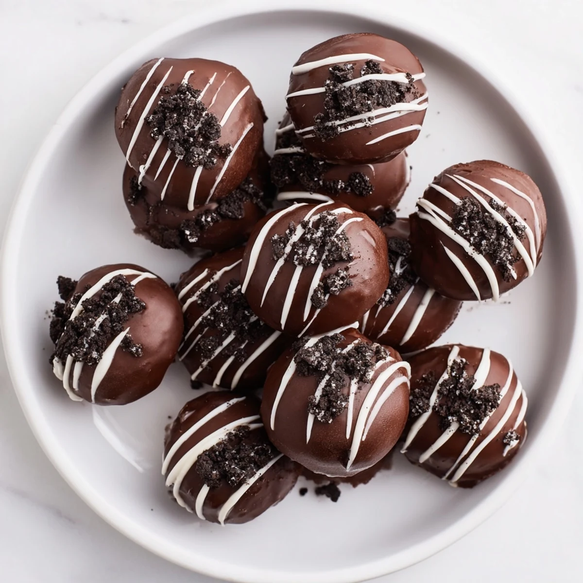 Bite-sized mint Oreo truffles coated in glossy dark chocolate with crushed cookie garnish