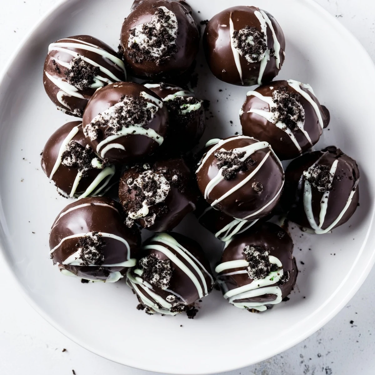 Decadent chocolate-dipped mint Oreo truffles arranged on a white plate for dessert